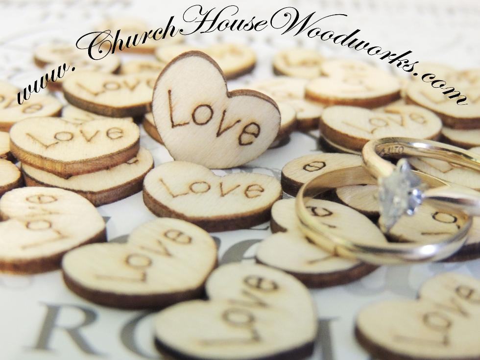 Wood Burned Love Hearts. Wooden Small Tiny Love Hearts For Rustic Wedding Table Decorations. Sprinkle them on the table or use for bridal shower. Great centerpieces. By Church House Woodworks Rustic 4 Weddings.